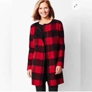 TALBOTS Buffalo Plaid Double Face Wool Topper Coat 1X Long Line Red Black